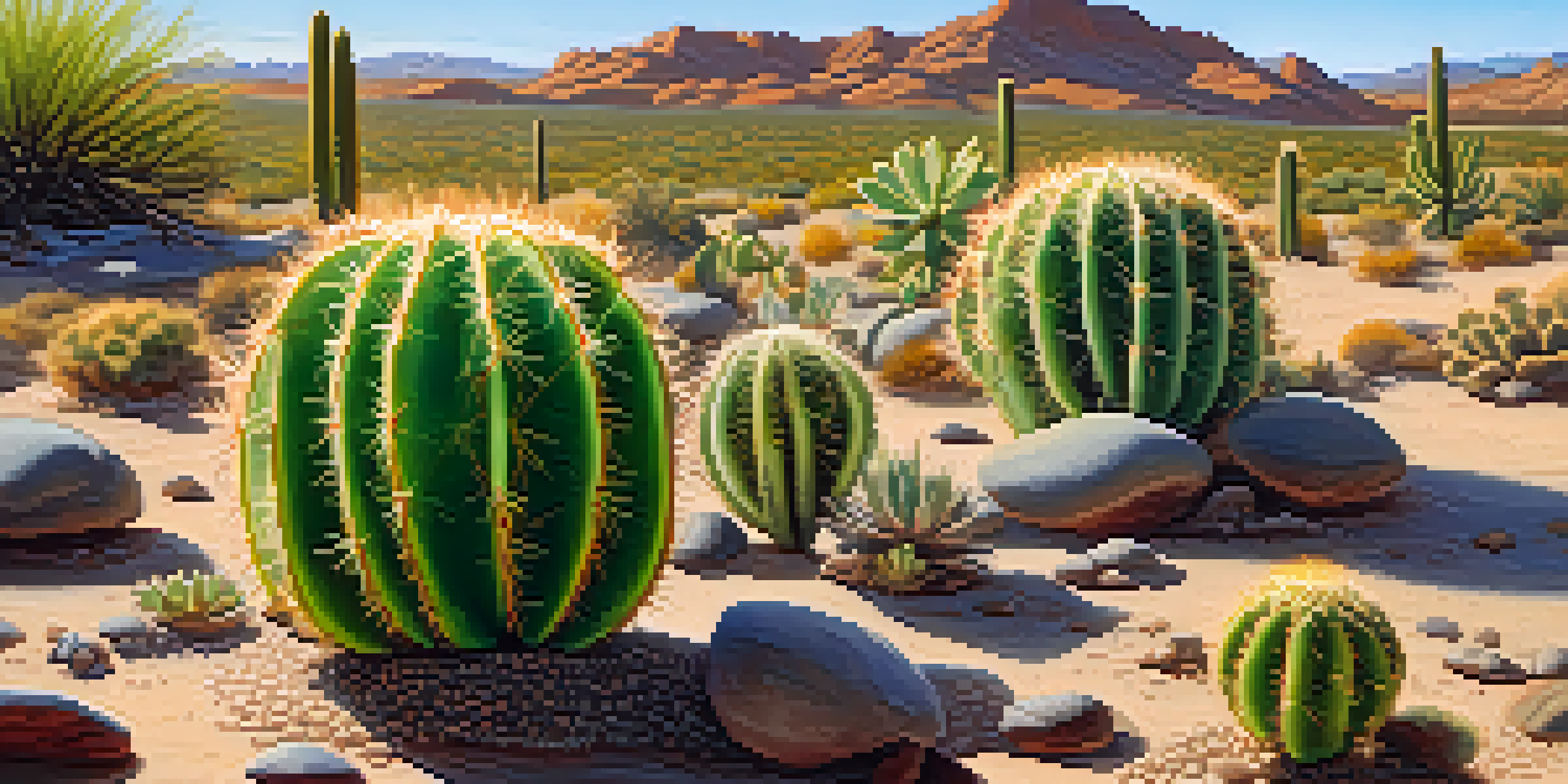 A close-up of a Peyote cactus with vibrant green color and round buttons, surrounded by desert plants and rocks under warm sunlight.