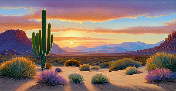 A peaceful desert scene with a small peyote cactus and a colorful sunset in the background.