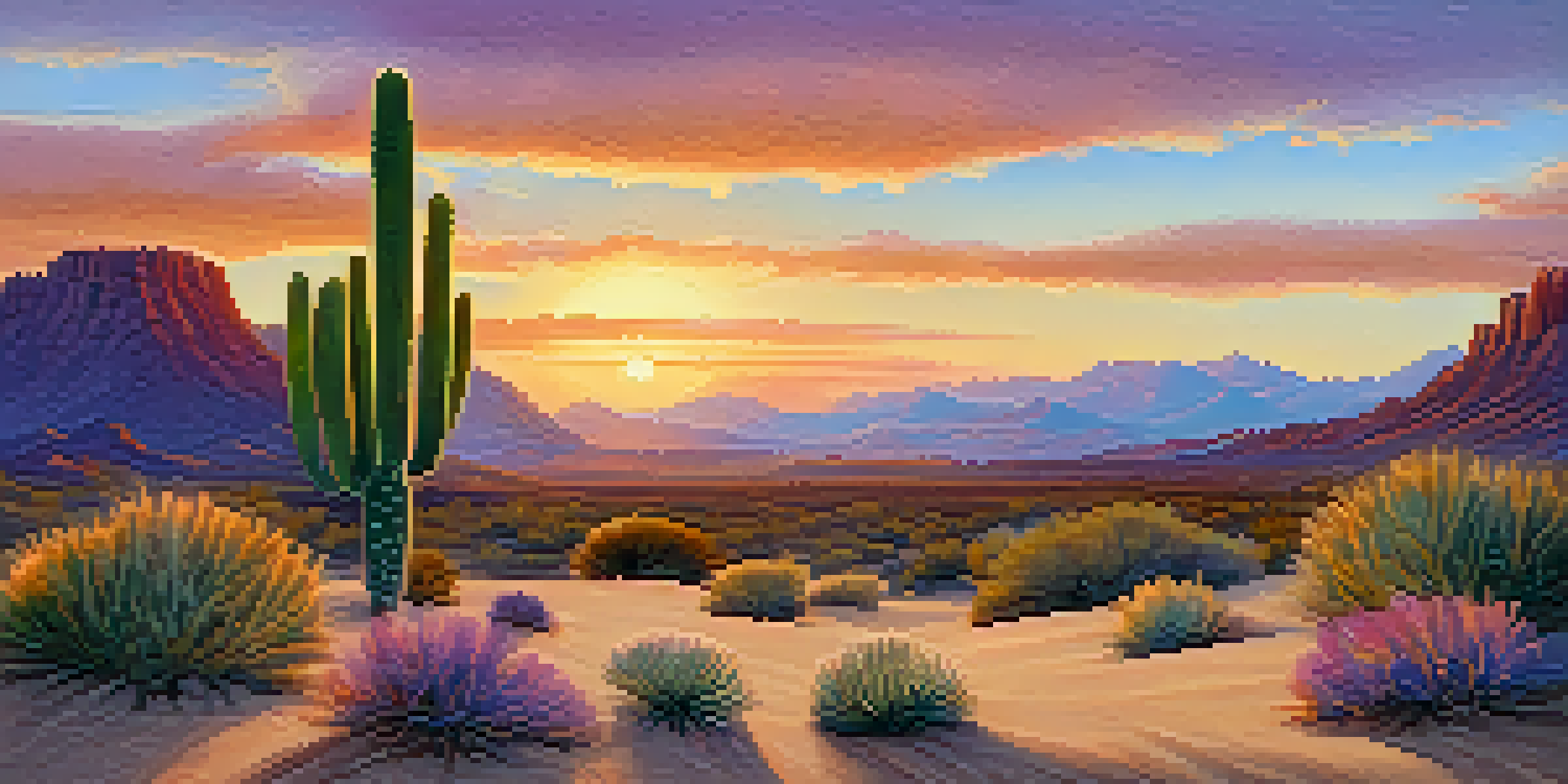 A peaceful desert scene with a small peyote cactus and a colorful sunset in the background.
