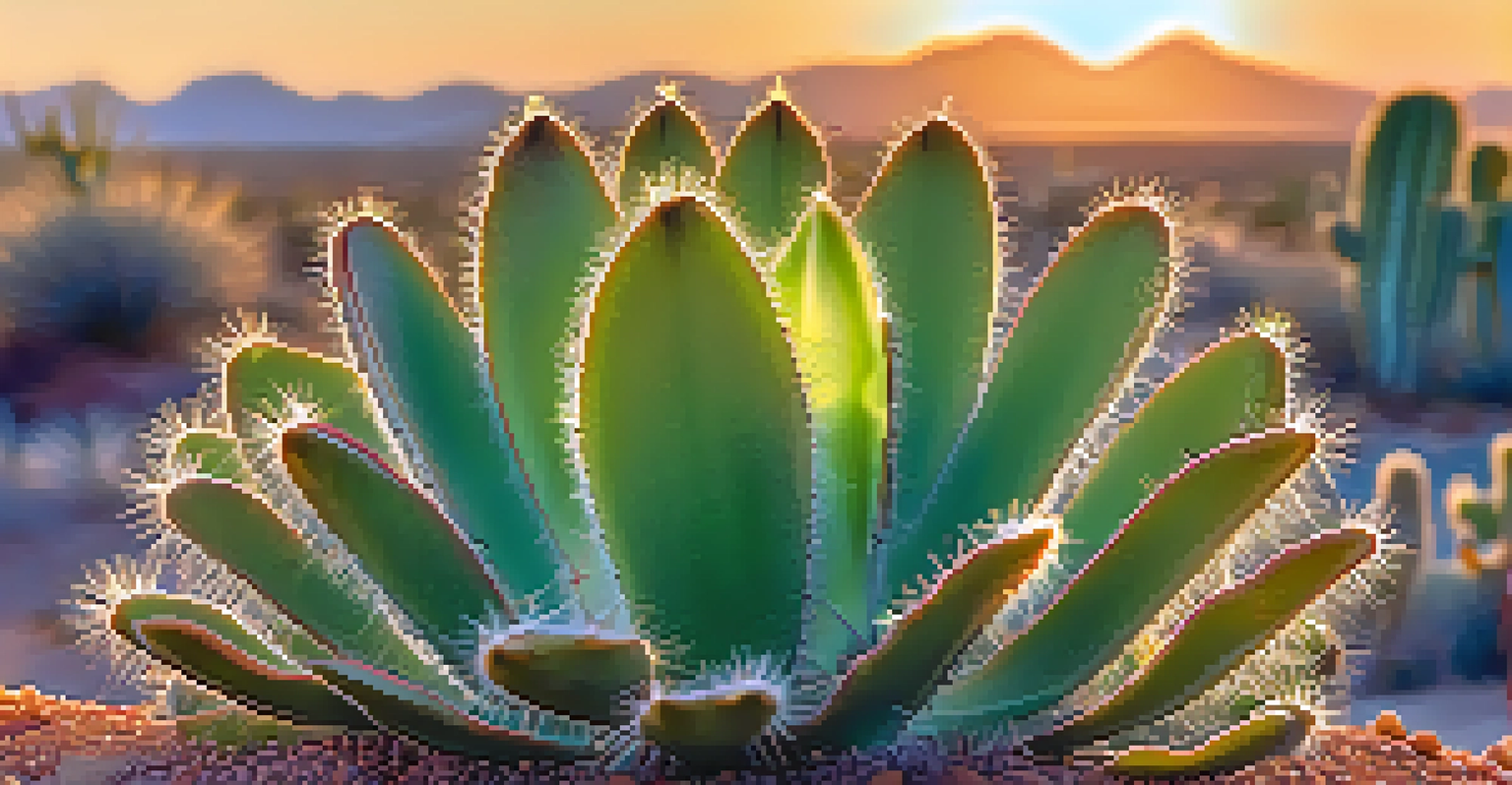 A detailed close-up of a Peyote cactus with dew drops against a soft-focus desert background.
