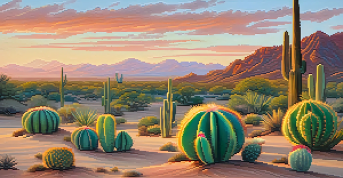 A peaceful desert scene with green peyote cacti and a colorful sunrise.