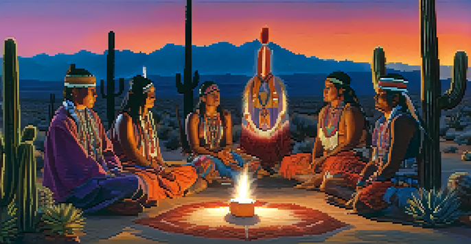 A peaceful scene showing Native American individuals in ceremonial attire at dusk, with candles and a peyote cactus.