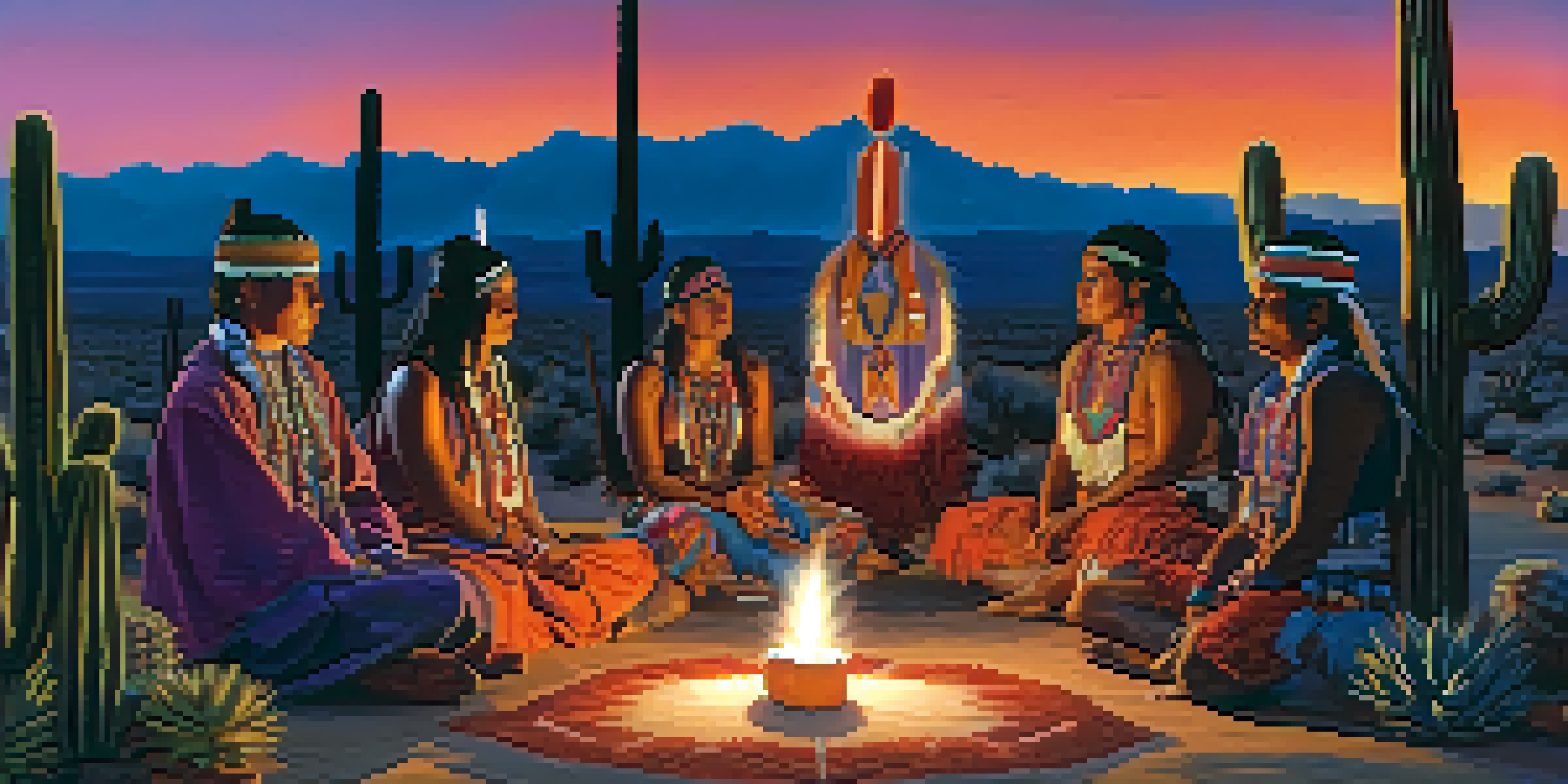 A peaceful scene showing Native American individuals in ceremonial attire at dusk, with candles and a peyote cactus.