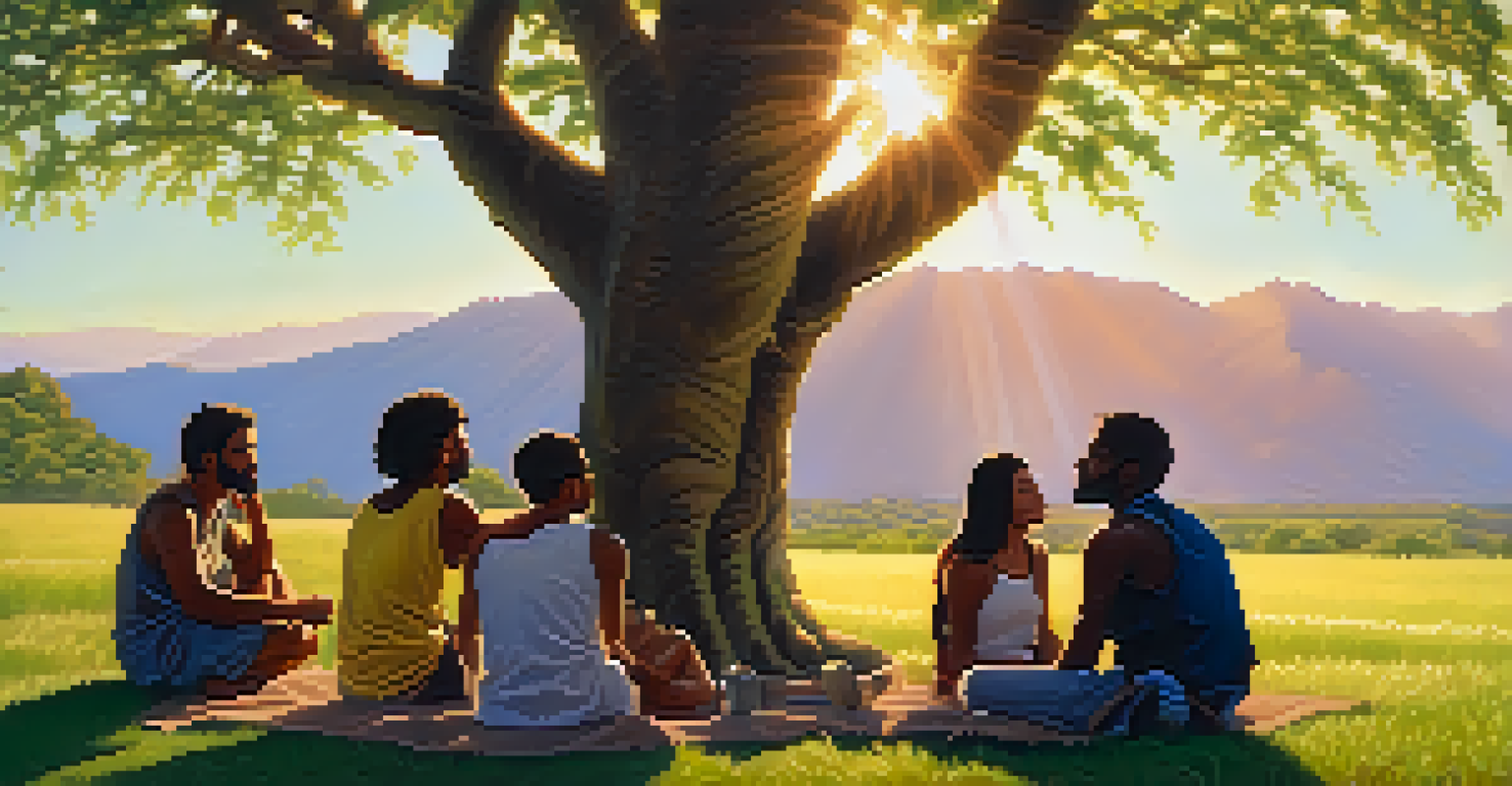 A diverse group of people sitting on the grass under a tree, sharing experiences and supporting each other after a peyote journey during sunset.