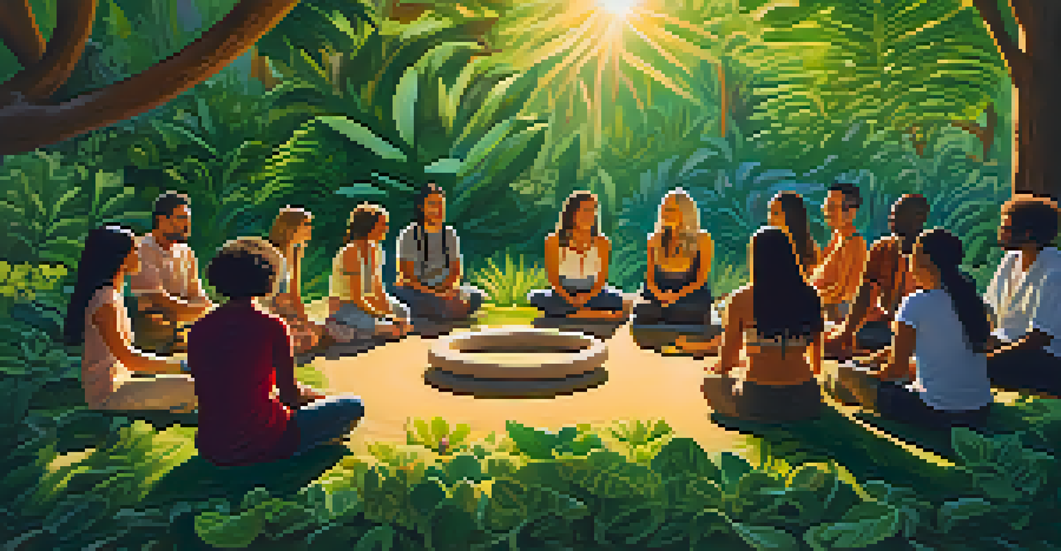 A storytelling circle with diverse individuals expressing emotions during a Peyote healing session, surrounded by greenery and sunlight, with visual metaphors representing their journeys.