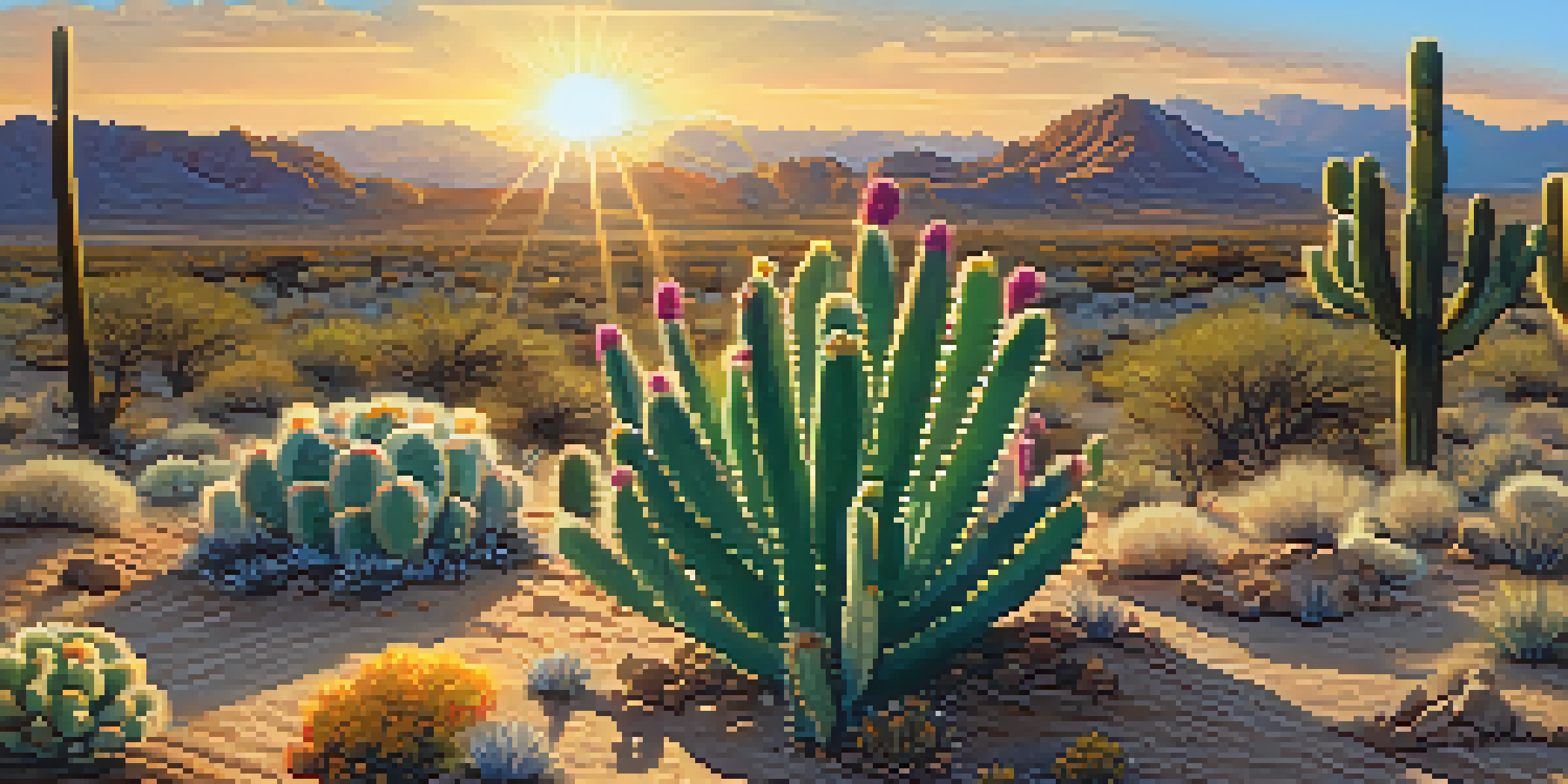 A peyote cactus in a desert landscape during sunset, with warm light and blooming wildflowers.