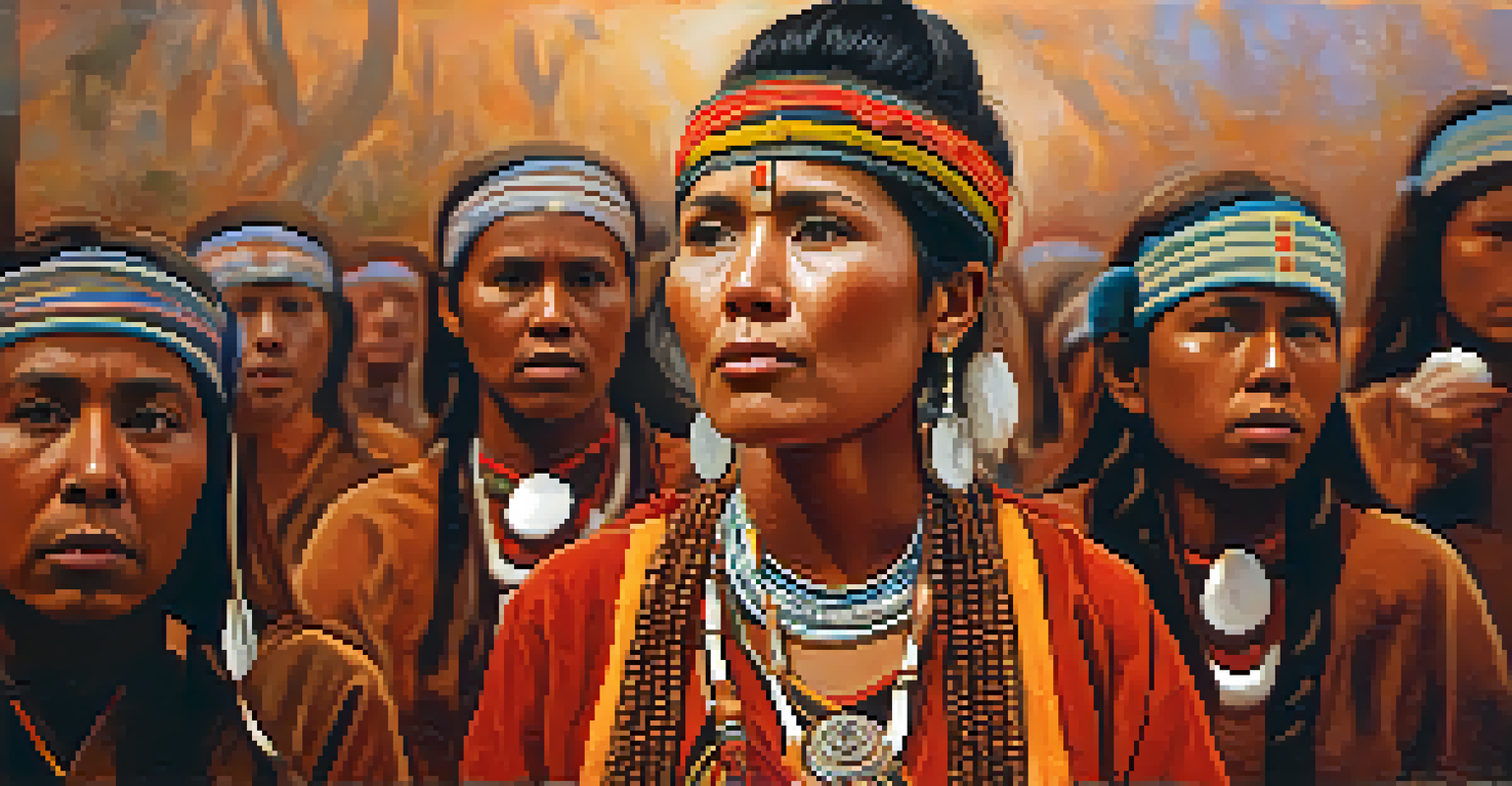 A close-up of a woman leading a peyote ritual, singing with a ceremonial rattle, surrounded by nature and participants in the background.