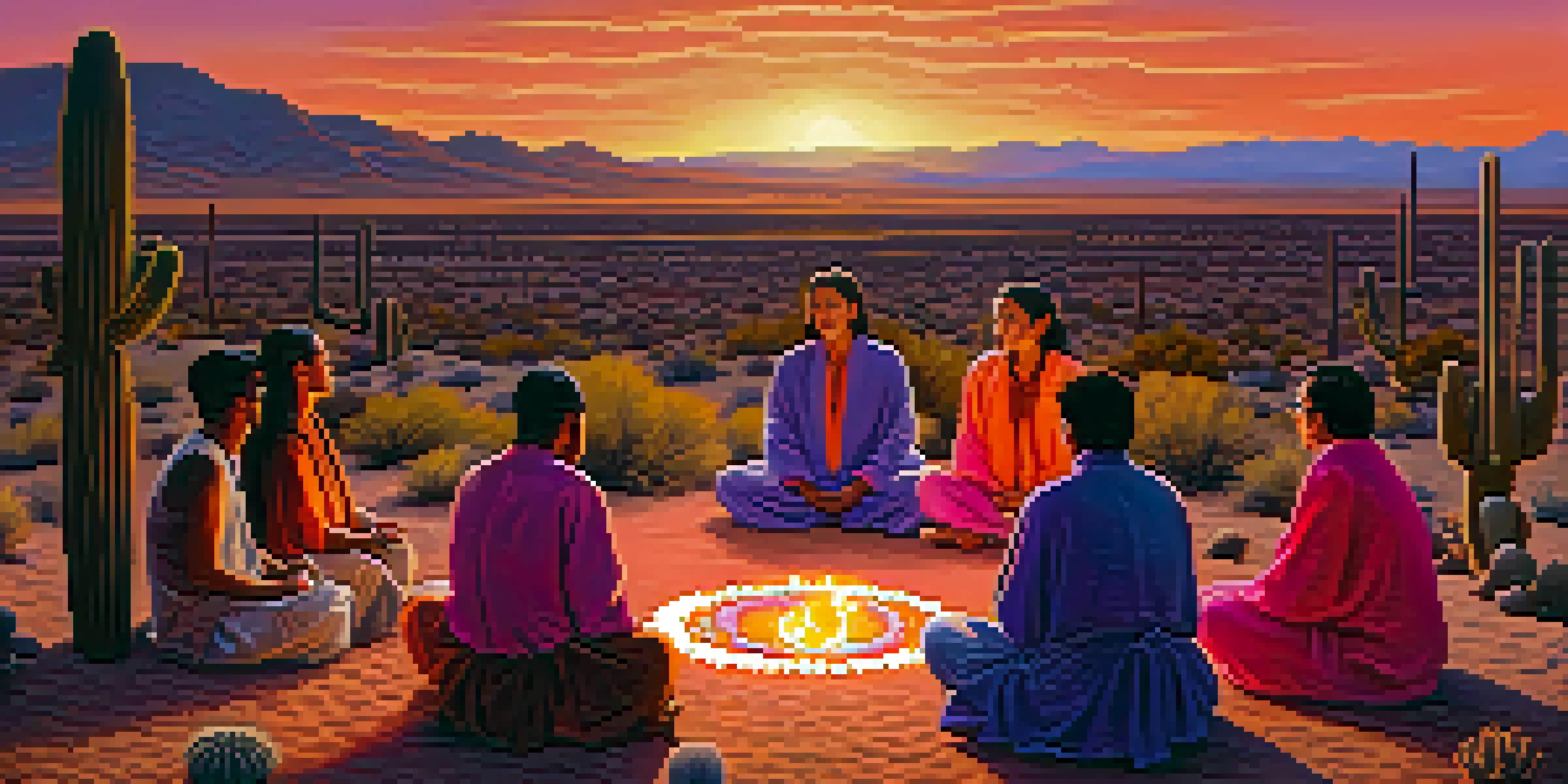 A group of people sitting in a circle around a fire during a peyote ceremony at sunset, with a colorful sky and desert scenery.