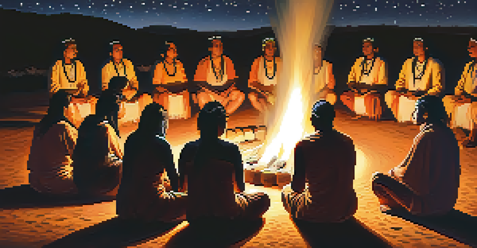 Indigenous people gathered around a fire in a peyote ceremony under a starry sky.