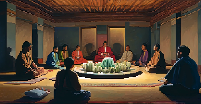 A peyote ceremony in a dimly lit room with participants sitting in a circle around an altar filled with peyote cacti and traditional artifacts.