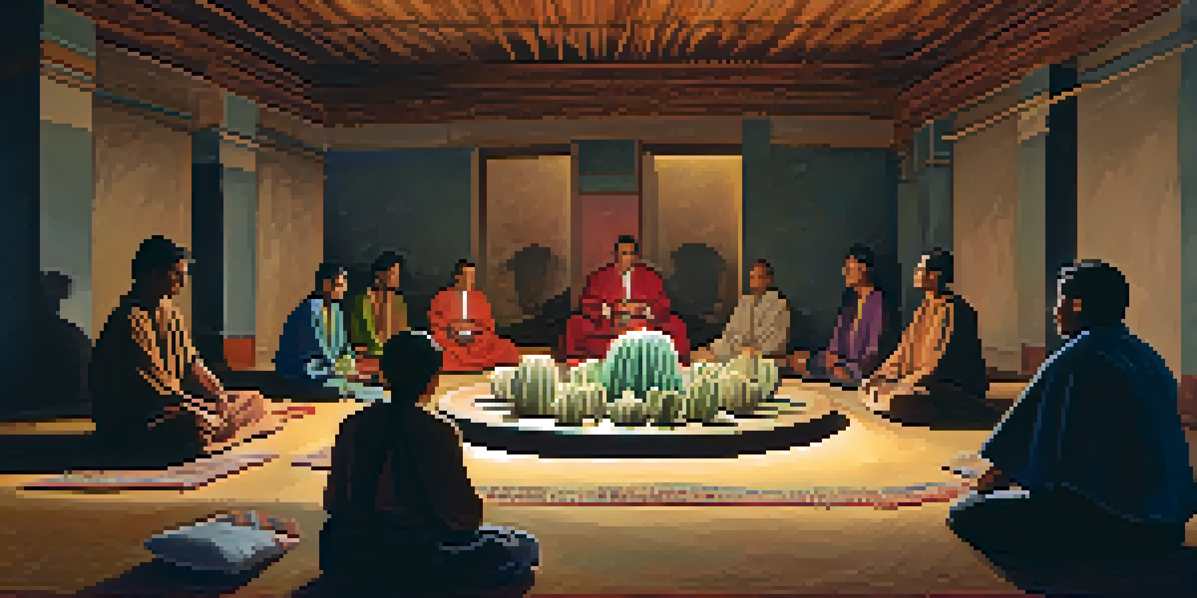 A peyote ceremony in a dimly lit room with participants sitting in a circle around an altar filled with peyote cacti and traditional artifacts.
