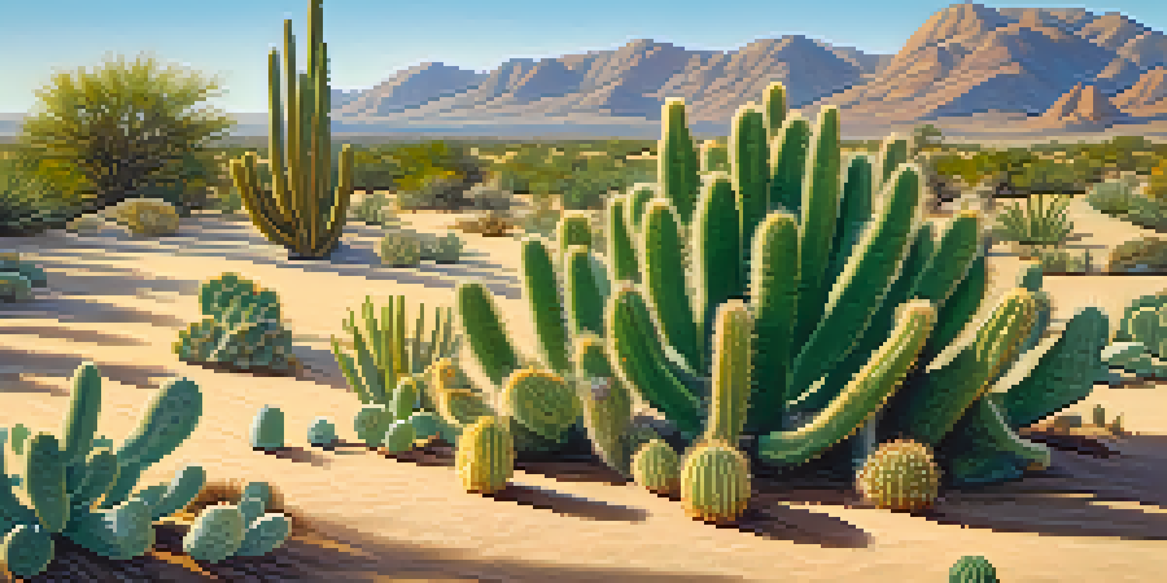 A desert scene featuring green peyote cacti under a clear blue sky with golden sunlight and sandy ground.