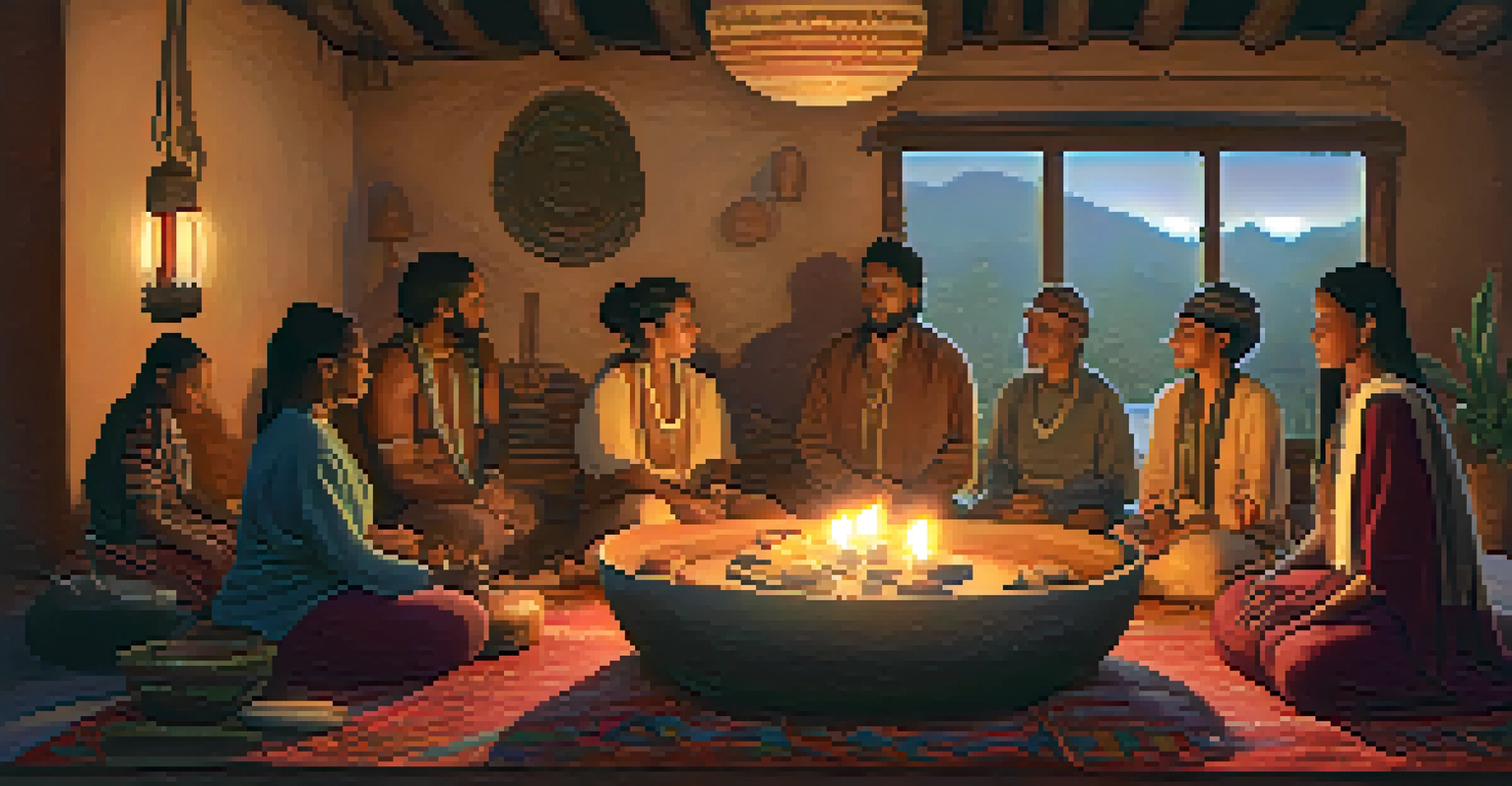 A group of people in a healing ceremony, seated in a warm, cozy room filled with traditional artifacts and soft lighting.