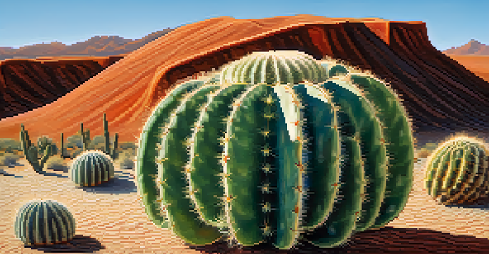 A detailed view of a peyote cactus with its unique textures and colors, surrounded by a soft-focus desert background and blue sky.