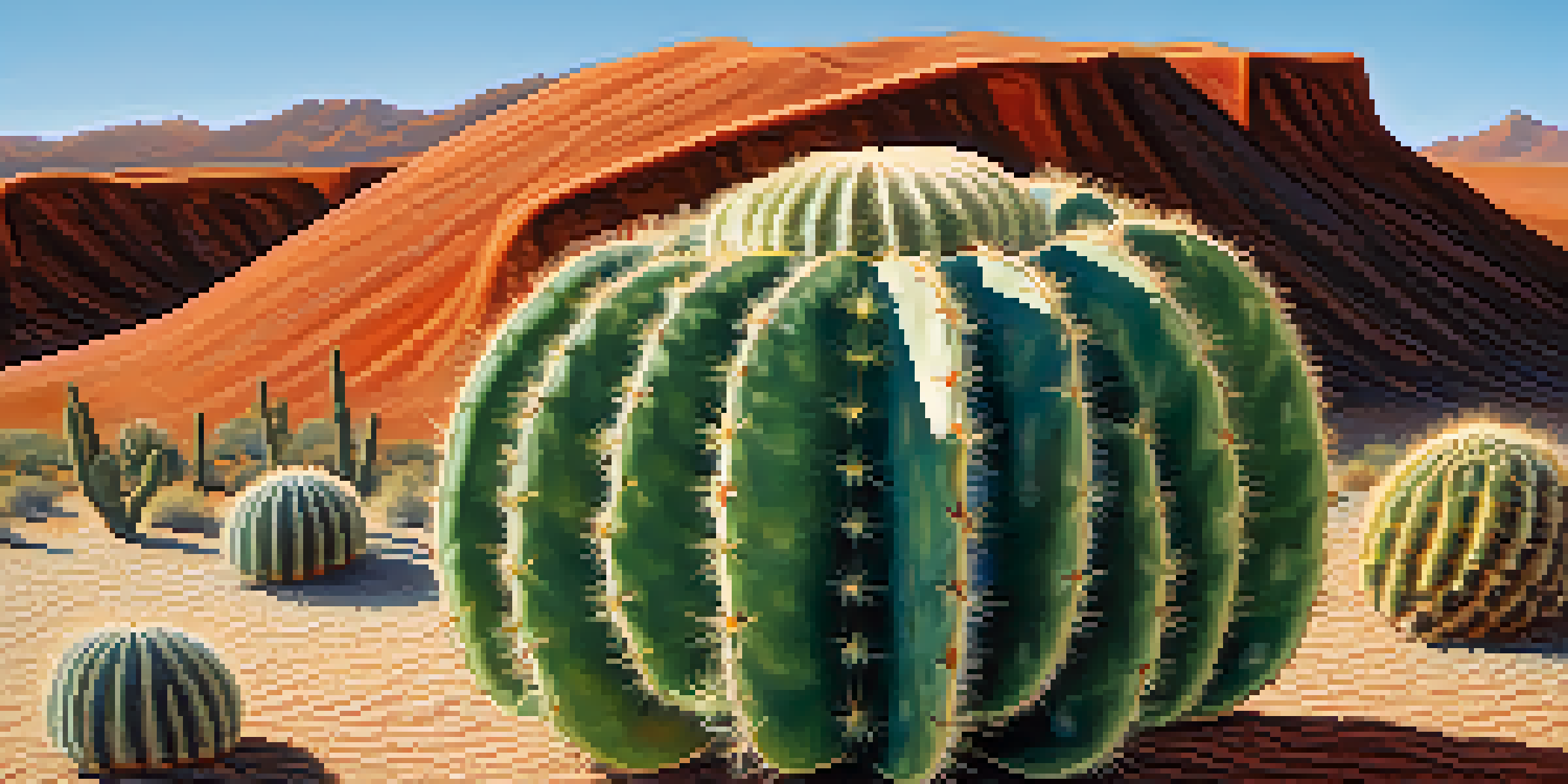 A detailed view of a peyote cactus with its unique textures and colors, surrounded by a soft-focus desert background and blue sky.