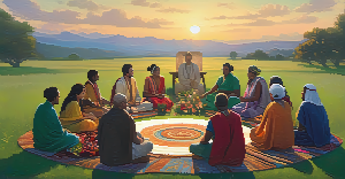 A group of people sitting in a circle on a grassy meadow during sunset, participating in a ceremony with an altar.