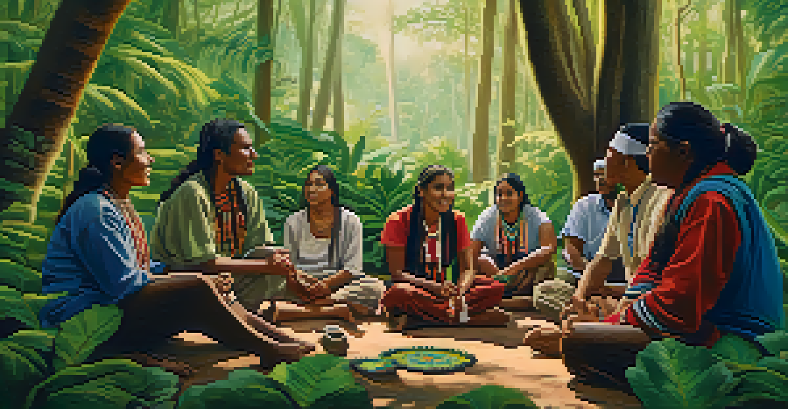 Indigenous community members in traditional attire sharing stories about peyote in a vibrant forest setting.