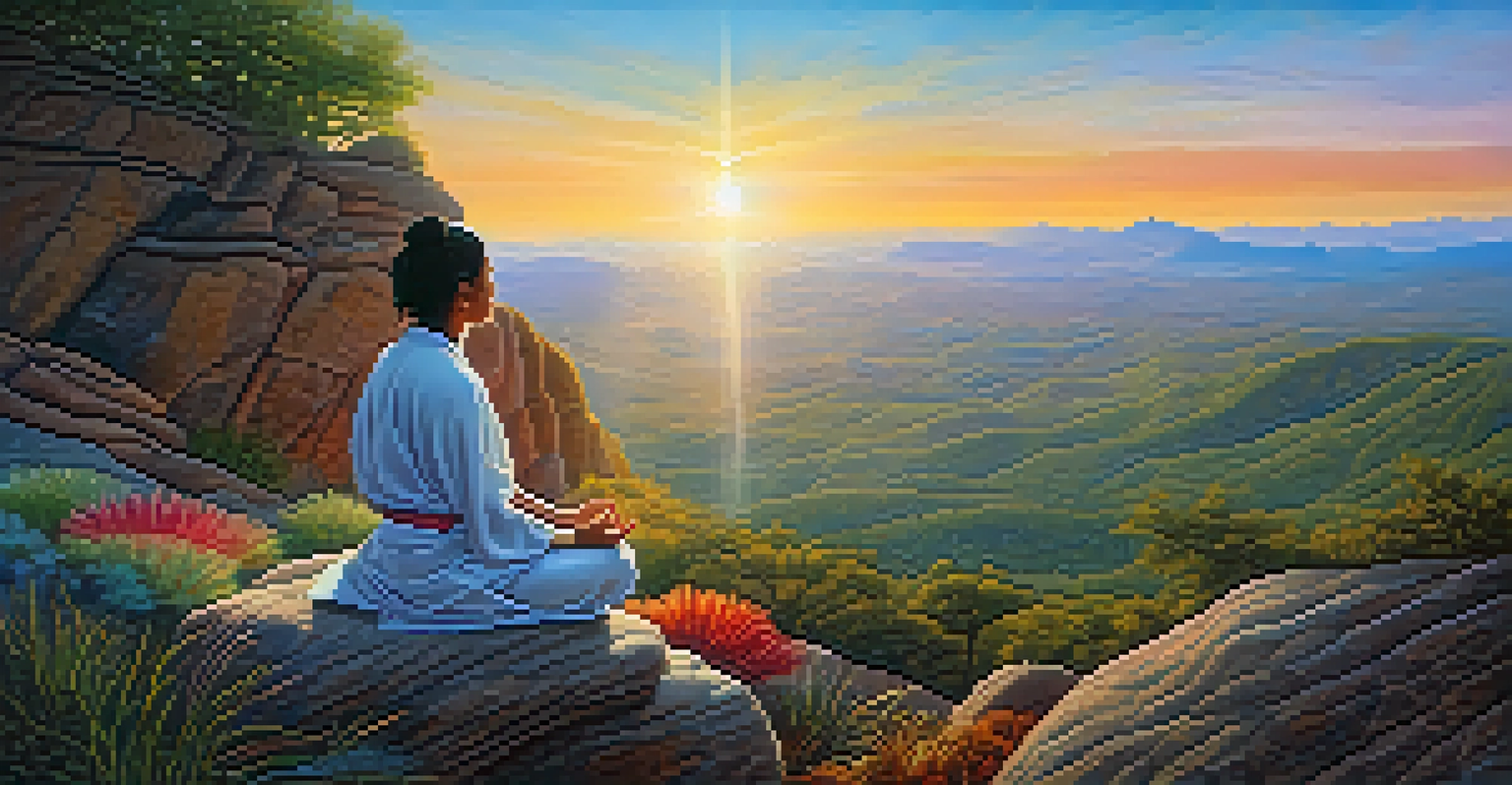 A person meditating on a hillside at dawn, surrounded by colorful skies and peyote plants, symbolizing healing and enlightenment.