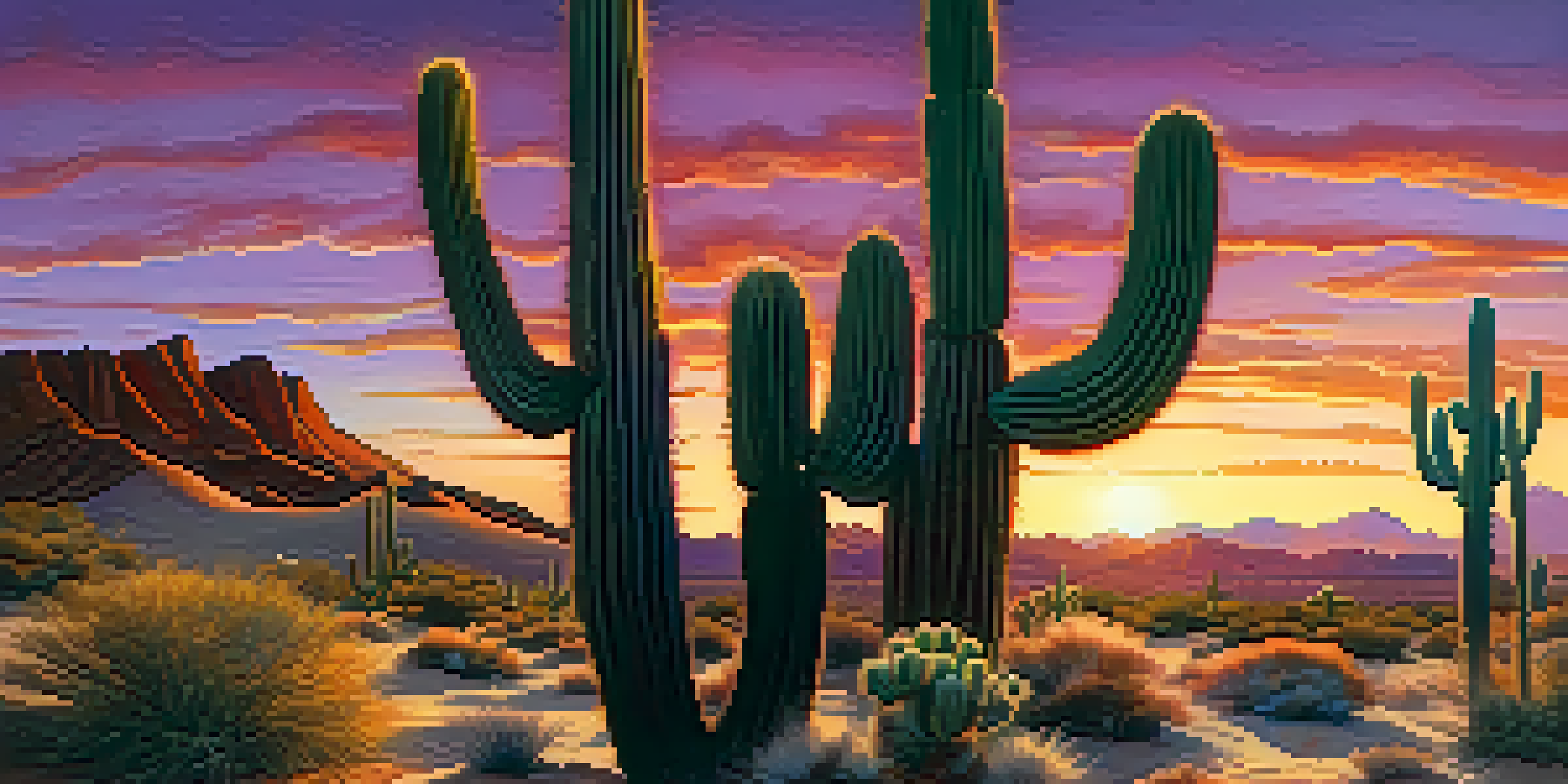 A desert landscape at dusk with peyote cacti in the foreground and a colorful sunset sky.
