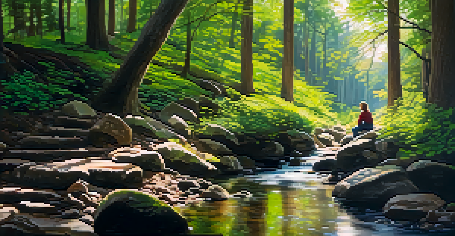 A peaceful forest path with sunlight filtering through the trees, featuring a person sitting on a rock near a small stream, surrounded by lush greenery.