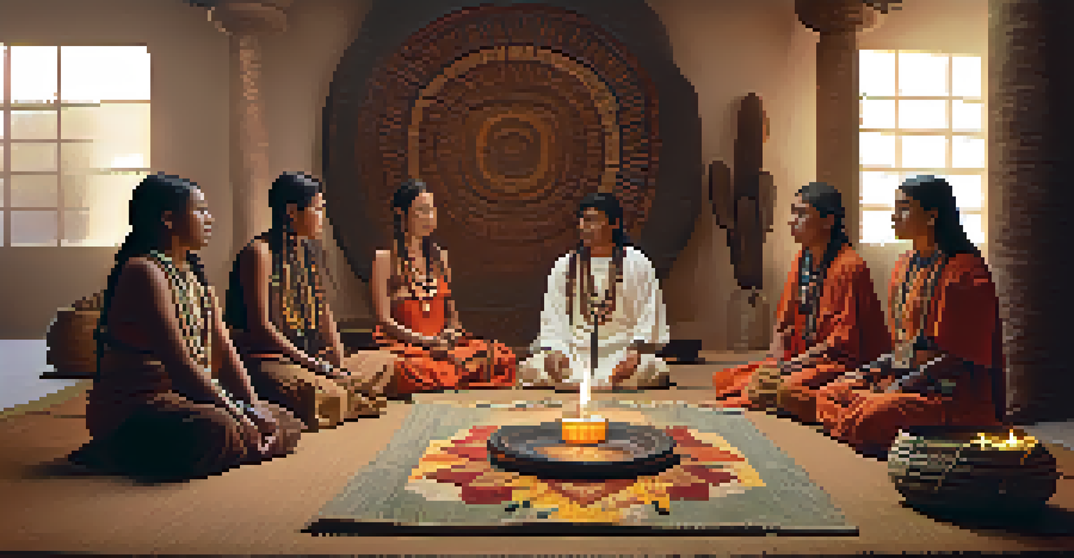 A peyote ceremony with participants sitting in a circle around a shaman, illuminated by candlelight.
