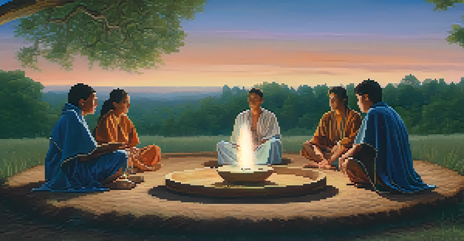 A group of people in a peyote ceremony in nature, sitting in a circle under a twilight sky.