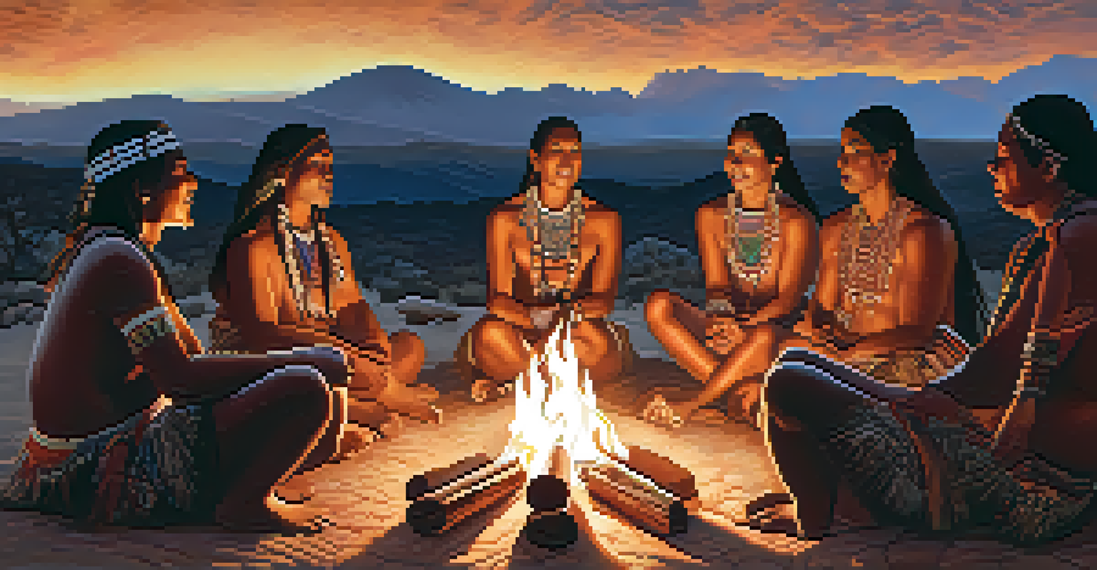 Indigenous people sharing stories around a fire, expressing joy and reflection during a Peyote ceremony, with warm light and traditional symbols around.