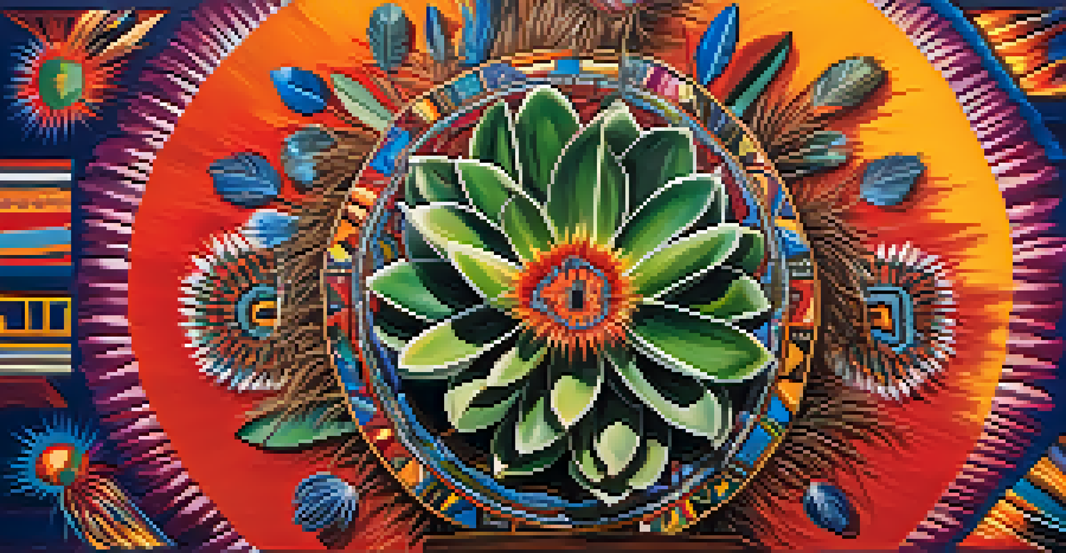 A vibrant painting of a peyote cactus surrounded by feathers, drums, and ancestral figures, symbolizing its significance in Indigenous culture.
