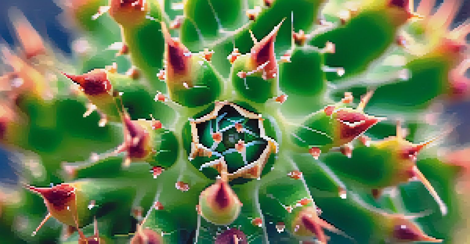 A close-up of a vibrant peyote cactus with dew drops and a blurred desert background.