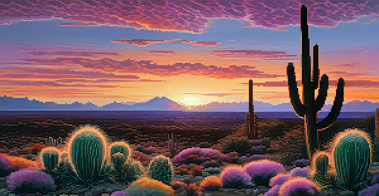 A landscape showing a Peyote cactus against a vibrant sunset, with animals in the foreground.