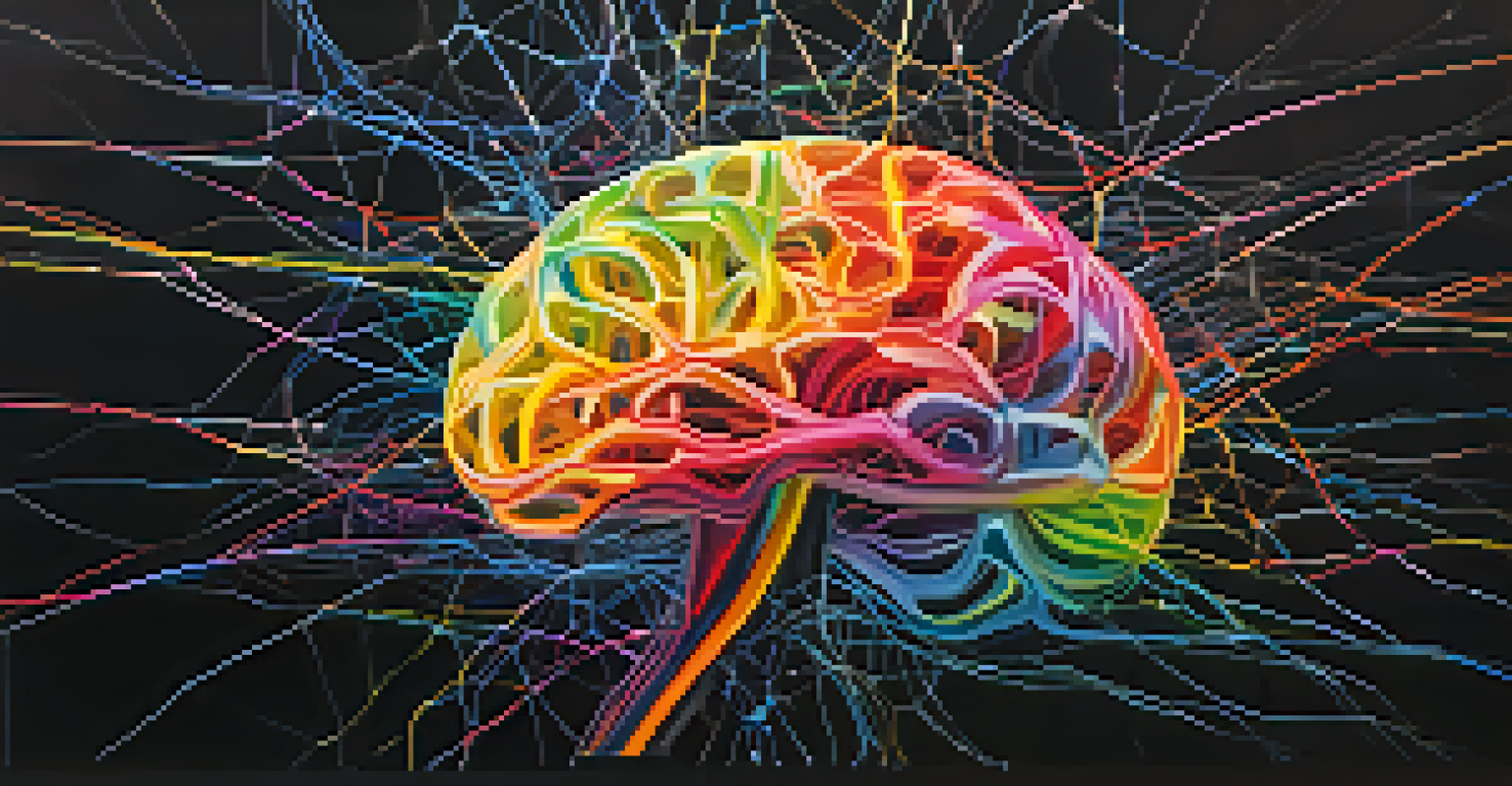 An abstract colorful representation of a human brain showing neural connections against a dark background.