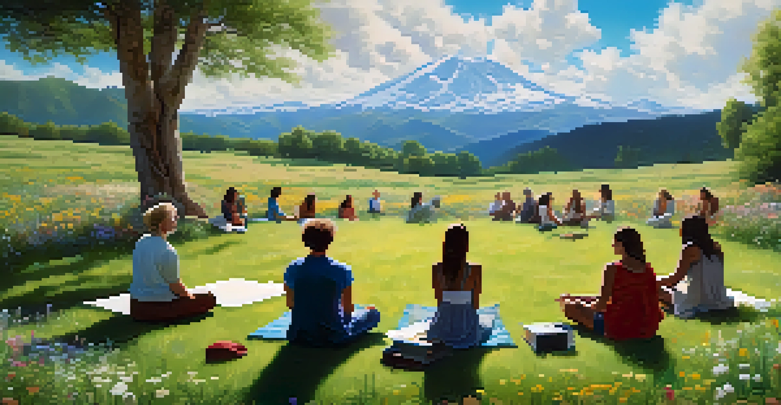 A peaceful meadow with individuals meditating in a circle, surrounded by wildflowers and mountains under a bright blue sky.
