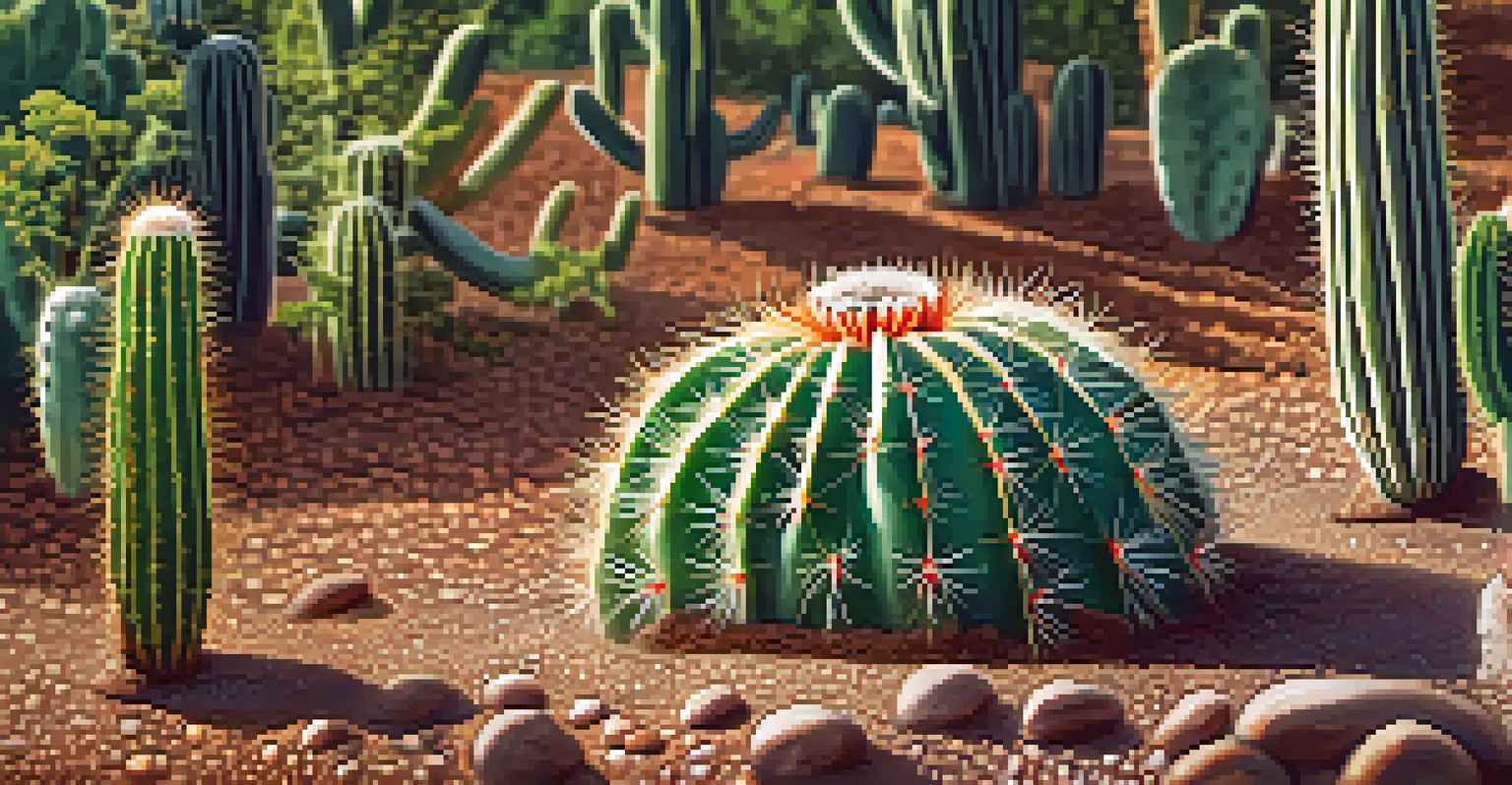 Close-up of a Peyote cactus with detailed textures, surrounded by natural plants and illuminated by soft sunlight.