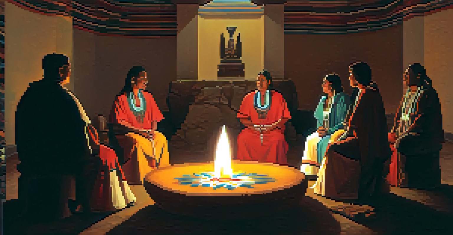 Participants in a peyote ceremony sitting in a circle, illuminated by candlelight.