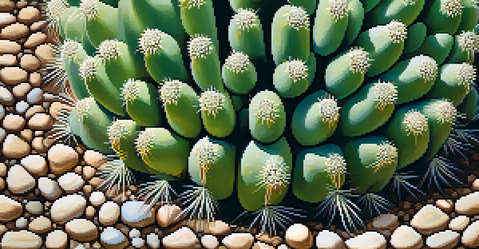 A detailed close-up of a peyote cactus with textures and patterns, surrounded by pebbles and plants.
