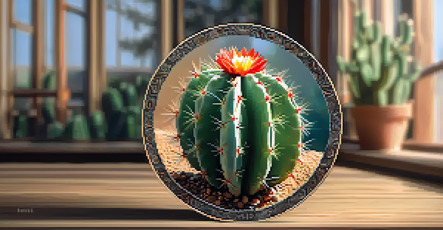 A close-up view of a peyote cactus on a wooden table, with sunlight highlighting its details.