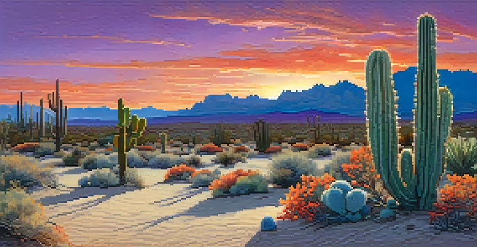 A peaceful desert scene during sunset with a peyote cactus in the foreground, showcasing colorful sky and sandy terrain.