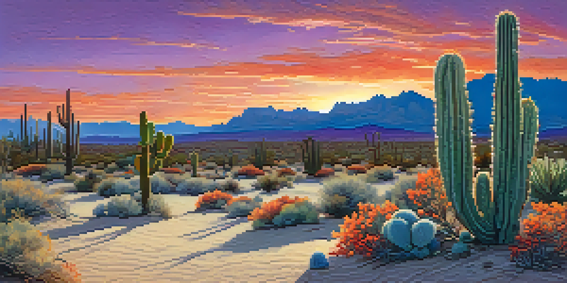 A peaceful desert scene during sunset with a peyote cactus in the foreground, showcasing colorful sky and sandy terrain.
