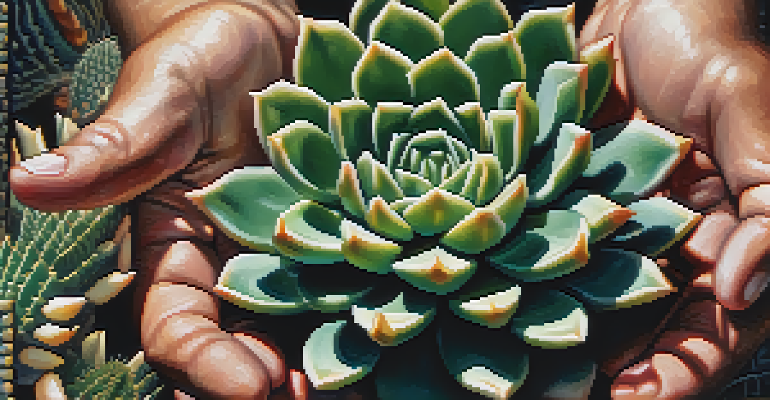 Close-up of hands holding a peyote cactus, showcasing its texture and colors.