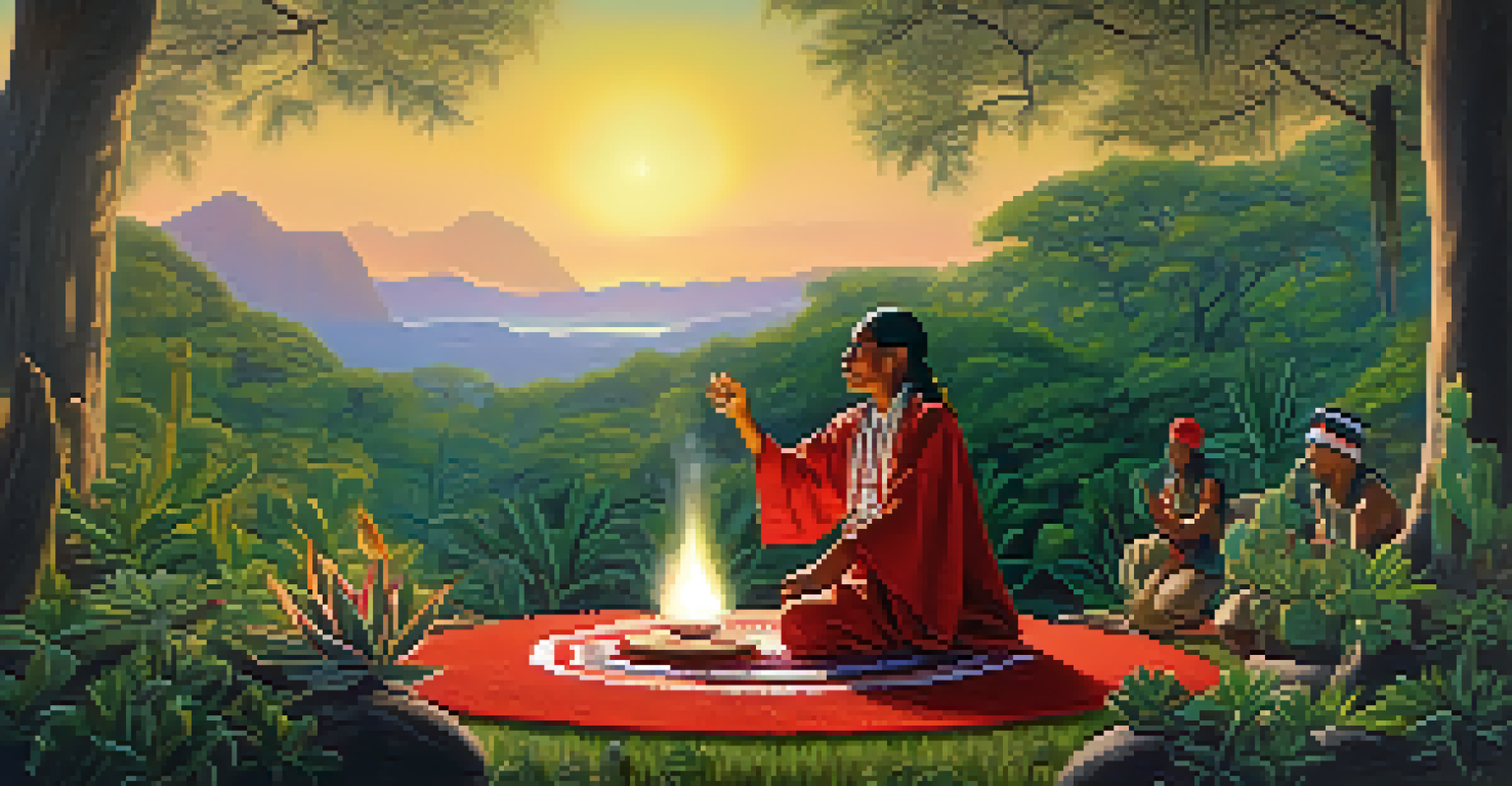 An Indigenous healer in traditional attire conducting a ceremony in a lush green environment with a peyote cactus.