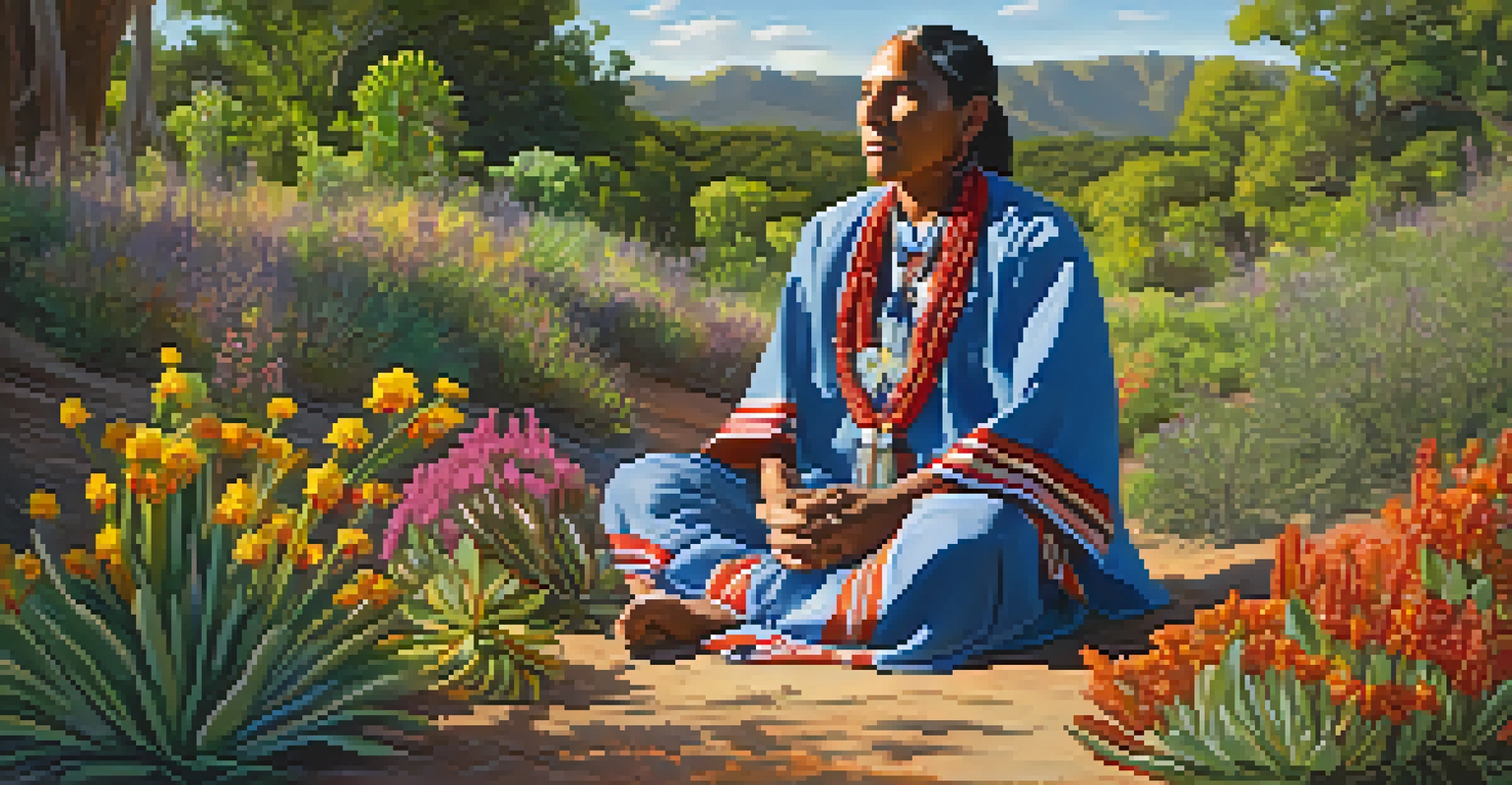 An Indigenous person in traditional attire sitting among wildflowers, holding a peyote cactus with a serene expression in a sunlit forest.