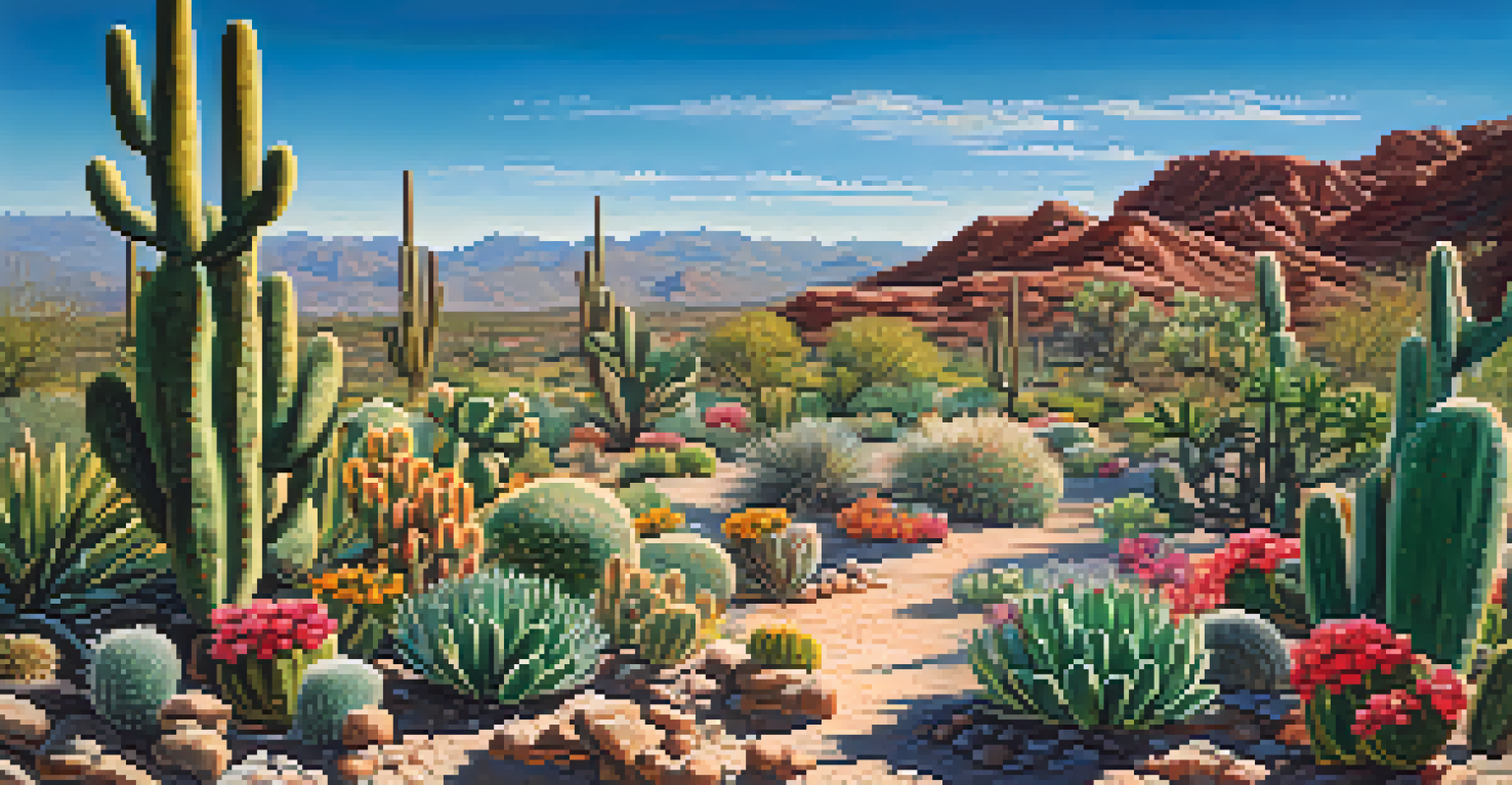 A tranquil peyote cactus garden in northern Mexico under a clear blue sky, showcasing blooming cacti and colorful desert flowers.