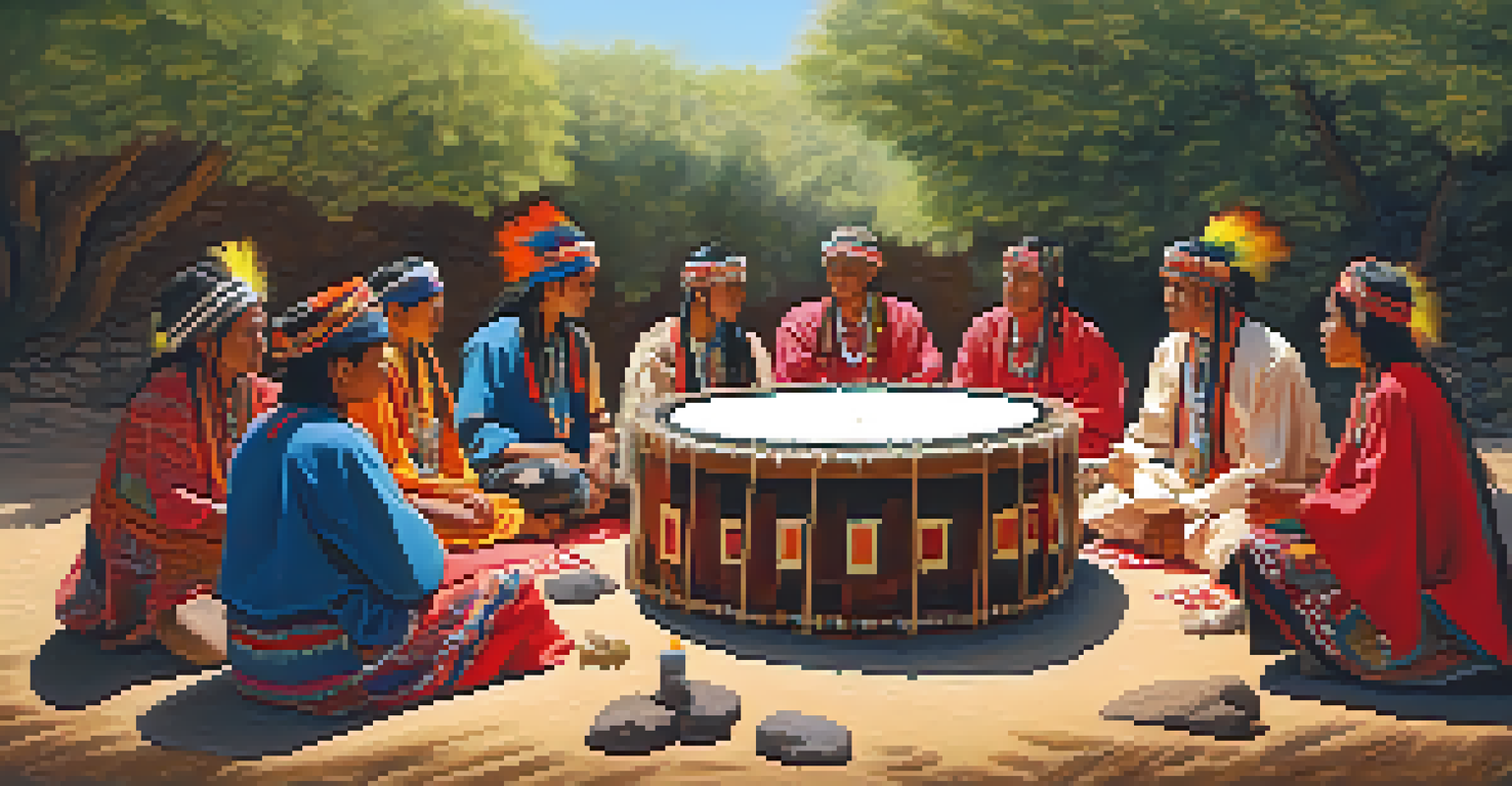 A circle of Indigenous individuals participating in a Peyote healing ritual under a tree, surrounded by traditional items and warm lighting.