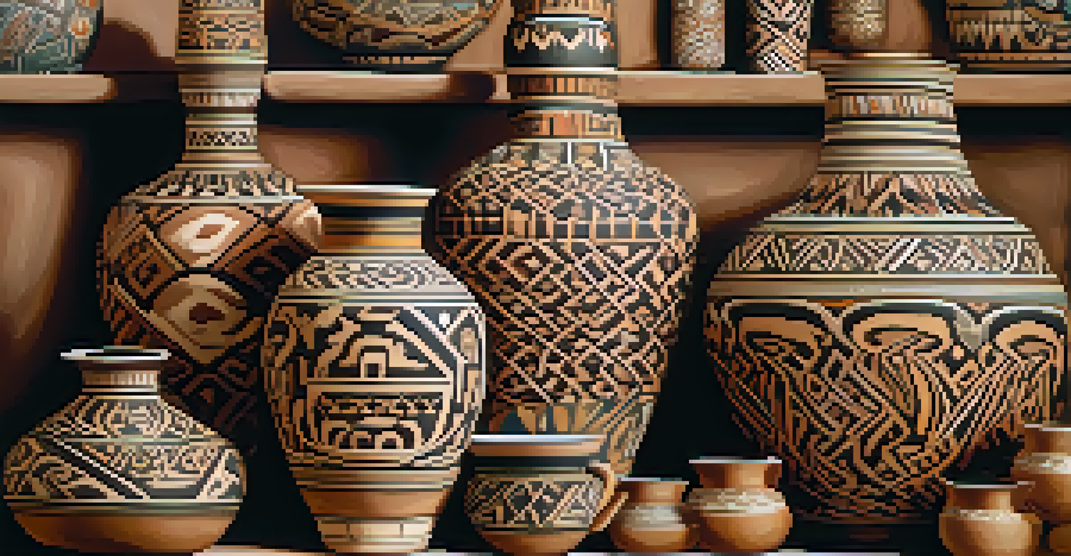 A detailed close-up of traditional pottery with intricate designs and earthy colors, representing peyote culture.