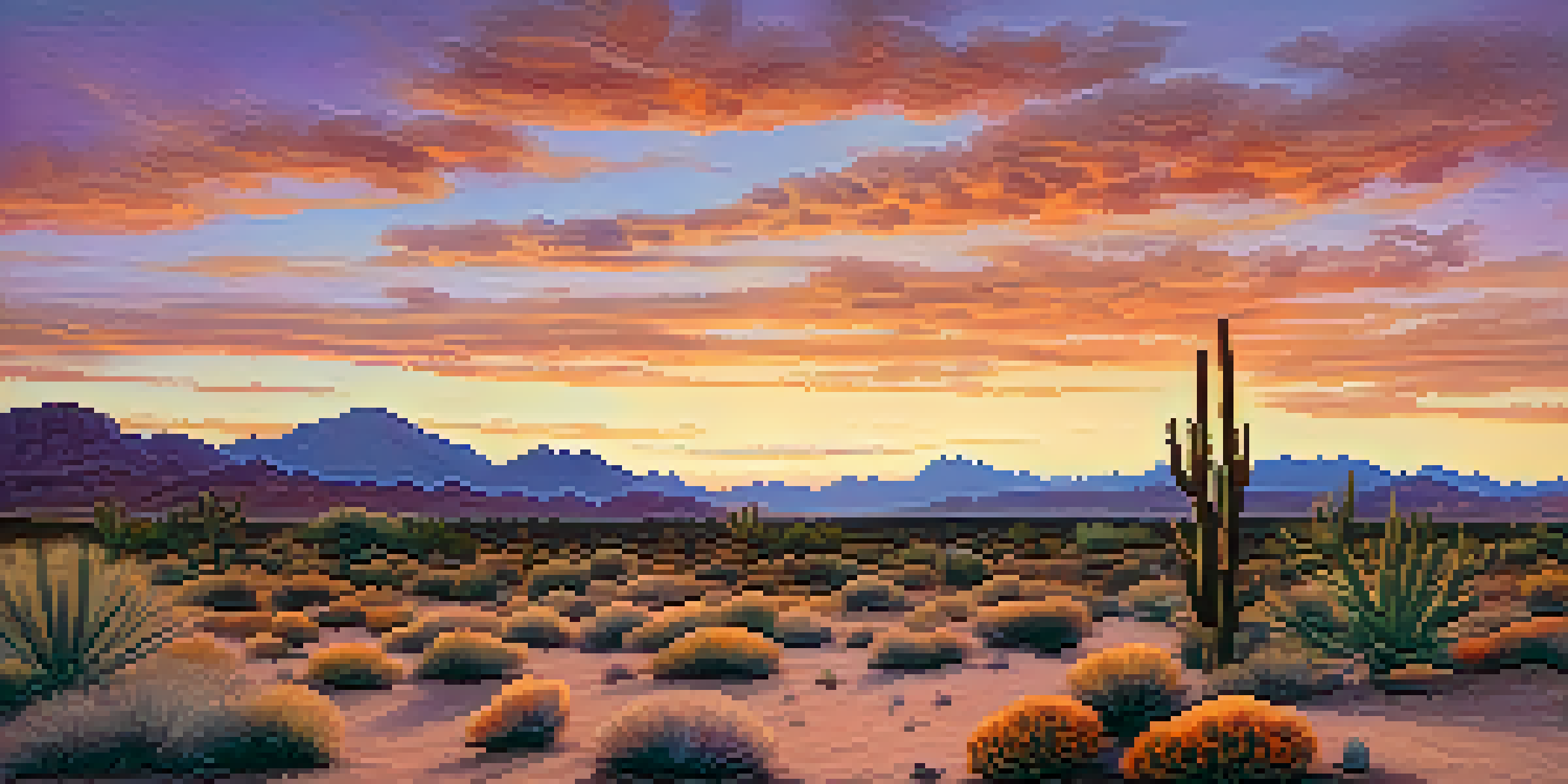 A peaceful desert scene with a peyote cactus in the foreground during sunset, showcasing vibrant sky colors.