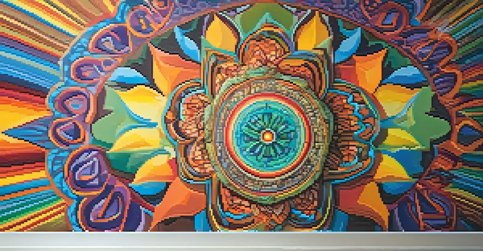 A colorful mural inspired by peyote with psychedelic patterns and spiritual motifs, set against a textured wall illuminated by soft lighting.