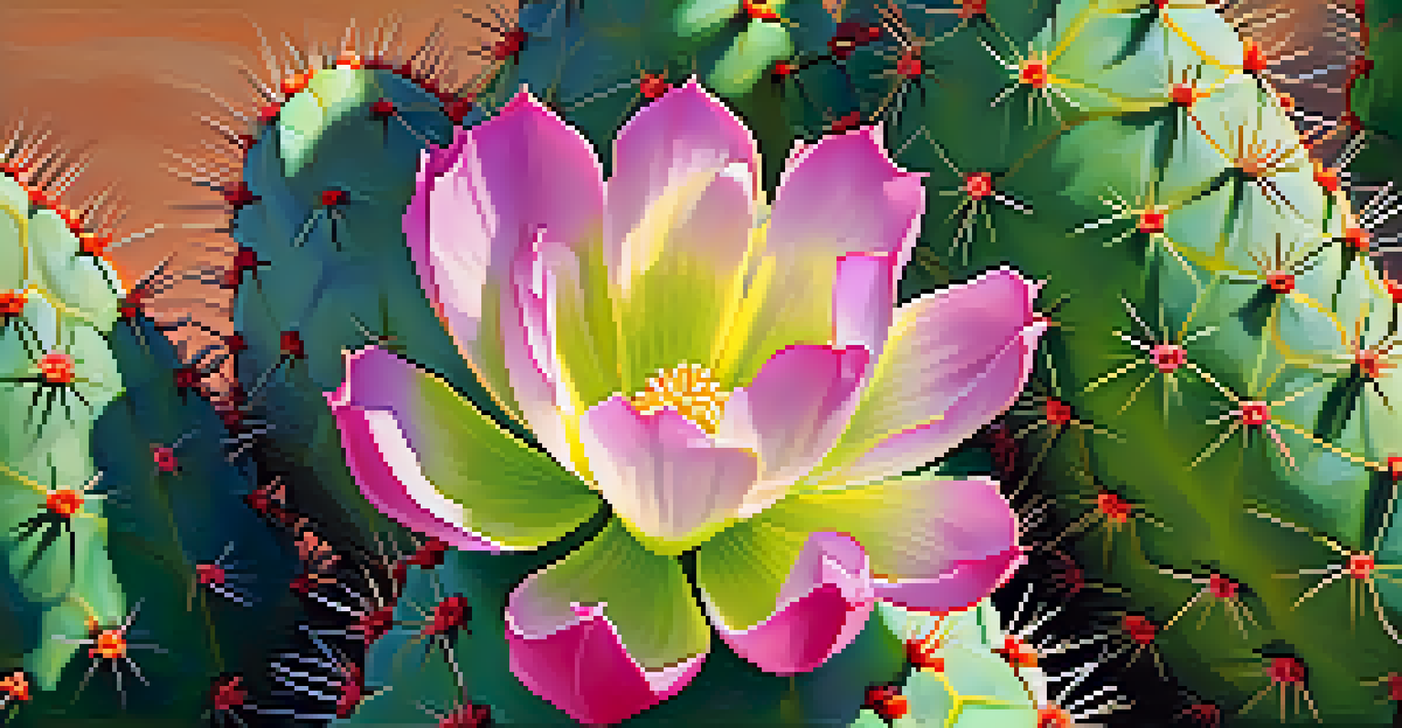 A close-up of a peyote cactus with blooming flowers against a blurred natural background.