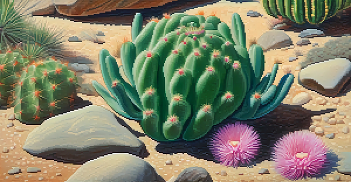 Close-up of a mature peyote cactus with bright green color and pink flowers in a rocky desert setting.