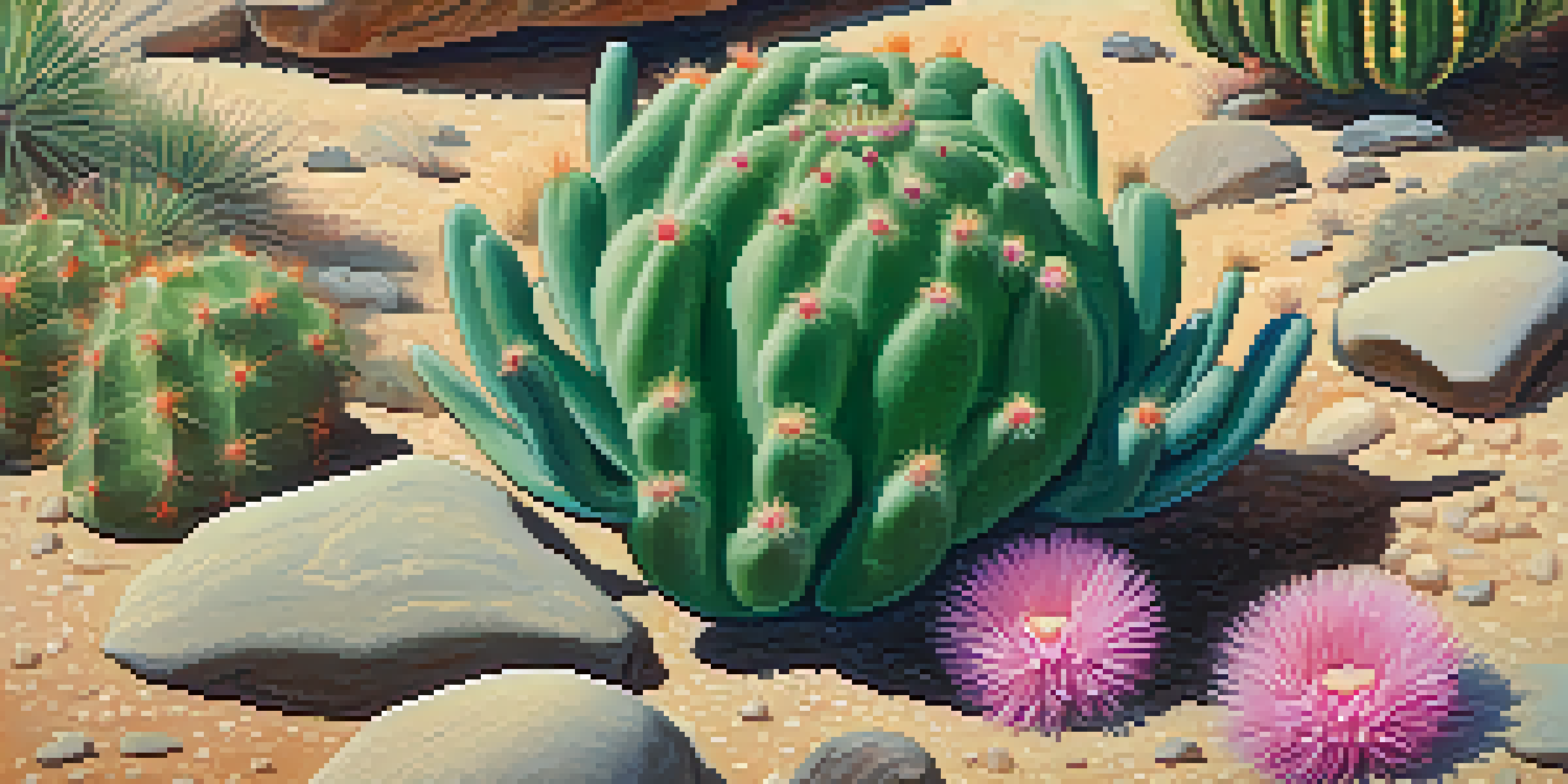 Close-up of a mature peyote cactus with bright green color and pink flowers in a rocky desert setting.
