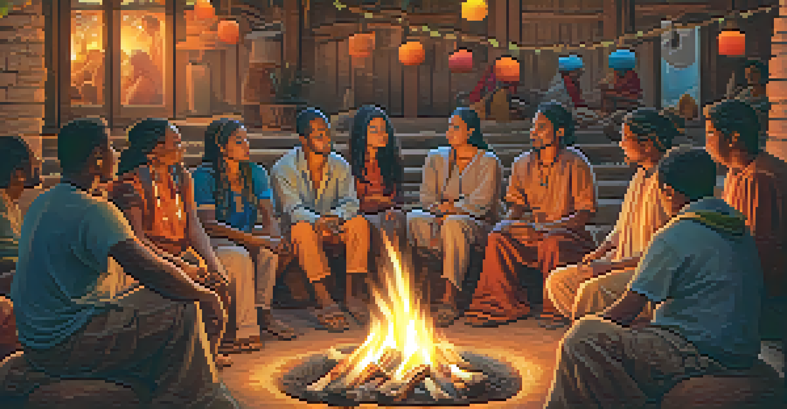 A community gathering indoors around a fire pit, with participants sharing stories, illuminated by the warm glow of flames and surrounded by traditional decor.